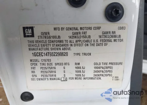 2003 Chevrolet Silverado 1500 from USA, damaged, VIN 1GCEC14T93Z290620